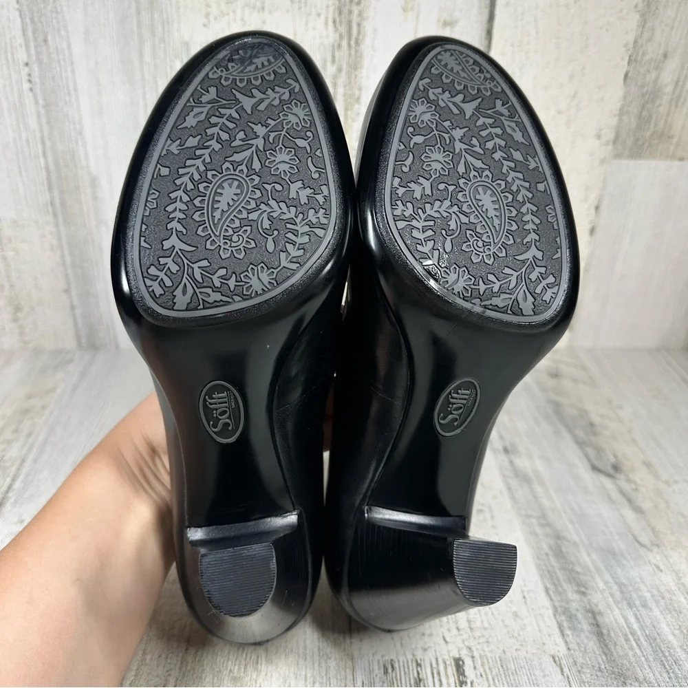 New Sofft Geva Black Leather Peep Toe Stacked Heel Mary Jane
